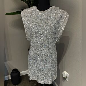 Brand new silver sequin Zara puff sleeve dress